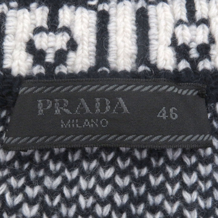 美品□PRADA プラダ 21AW UMB258 カシミヤ混 総柄 トライアングルロゴ 長袖 セーター ネイビー ホワイト 46 イタリア製 正規品 メンズ