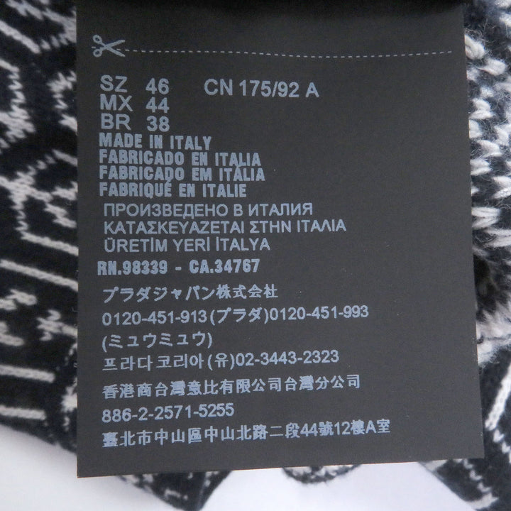 美品□PRADA プラダ 21AW UMB258 カシミヤ混 総柄 トライアングルロゴ 長袖 セーター ネイビー ホワイト 46 イタリア製 正規品 メンズ