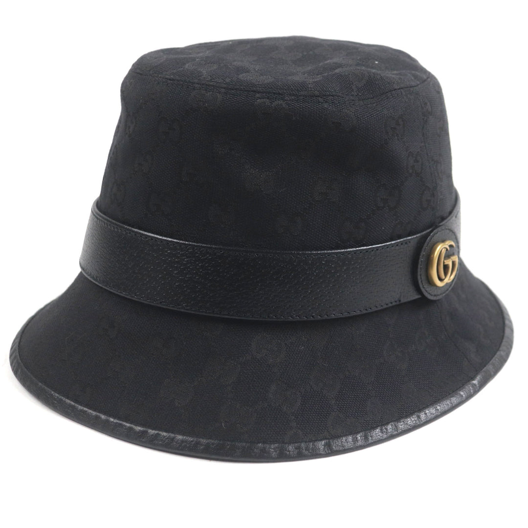 極美品▼GUCCI グッチ 576587 GGキャンバス レザー使い GGマーモント 帽子 バケット ハット ブラック M (58cm) イタリア製 正規品 メンズ