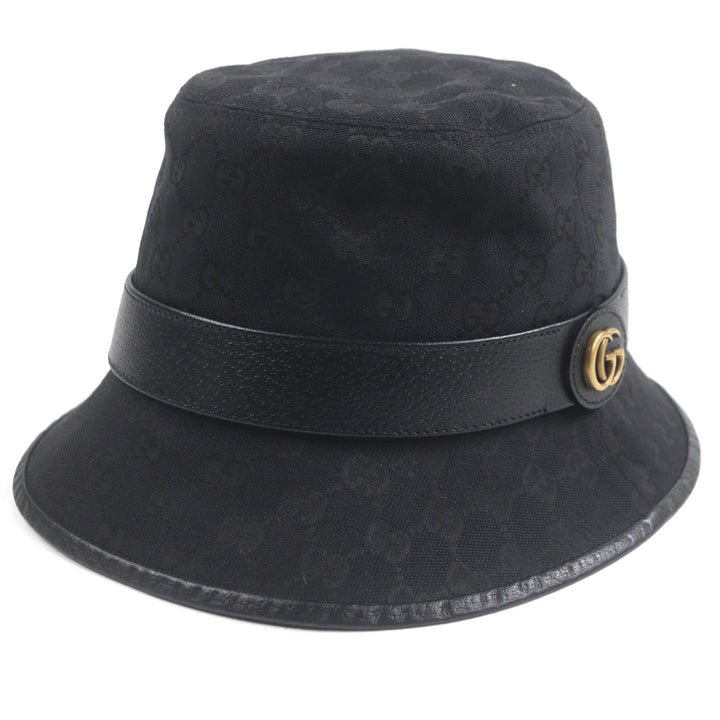 極美品▼GUCCI グッチ 576587 GGキャンバス レザー使い GGマーモント 帽子 バケット ハット ブラック M (58cm) イタリア製 正規品 メンズ