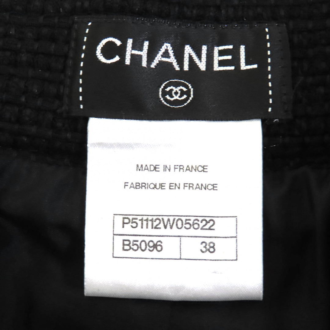 極美品△CHANEL シャネル P51026/P51112 ココボタン レース使い コットンツイード ノーカラージャケット スカート セットアップ 黒 36/38