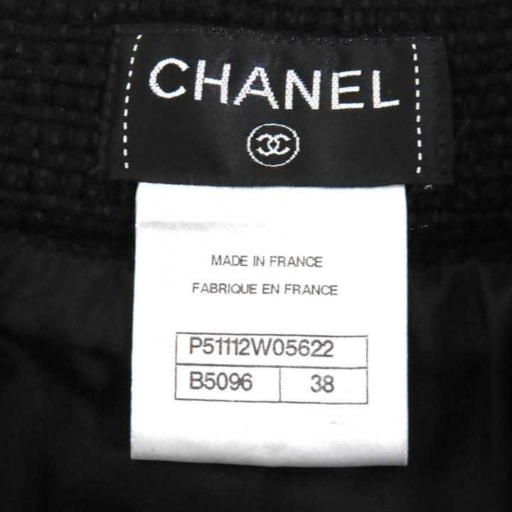 極美品△CHANEL シャネル P51026/P51112 ココボタン レース使い コットンツイード ノーカラージャケット スカート セットアップ 黒 36/38