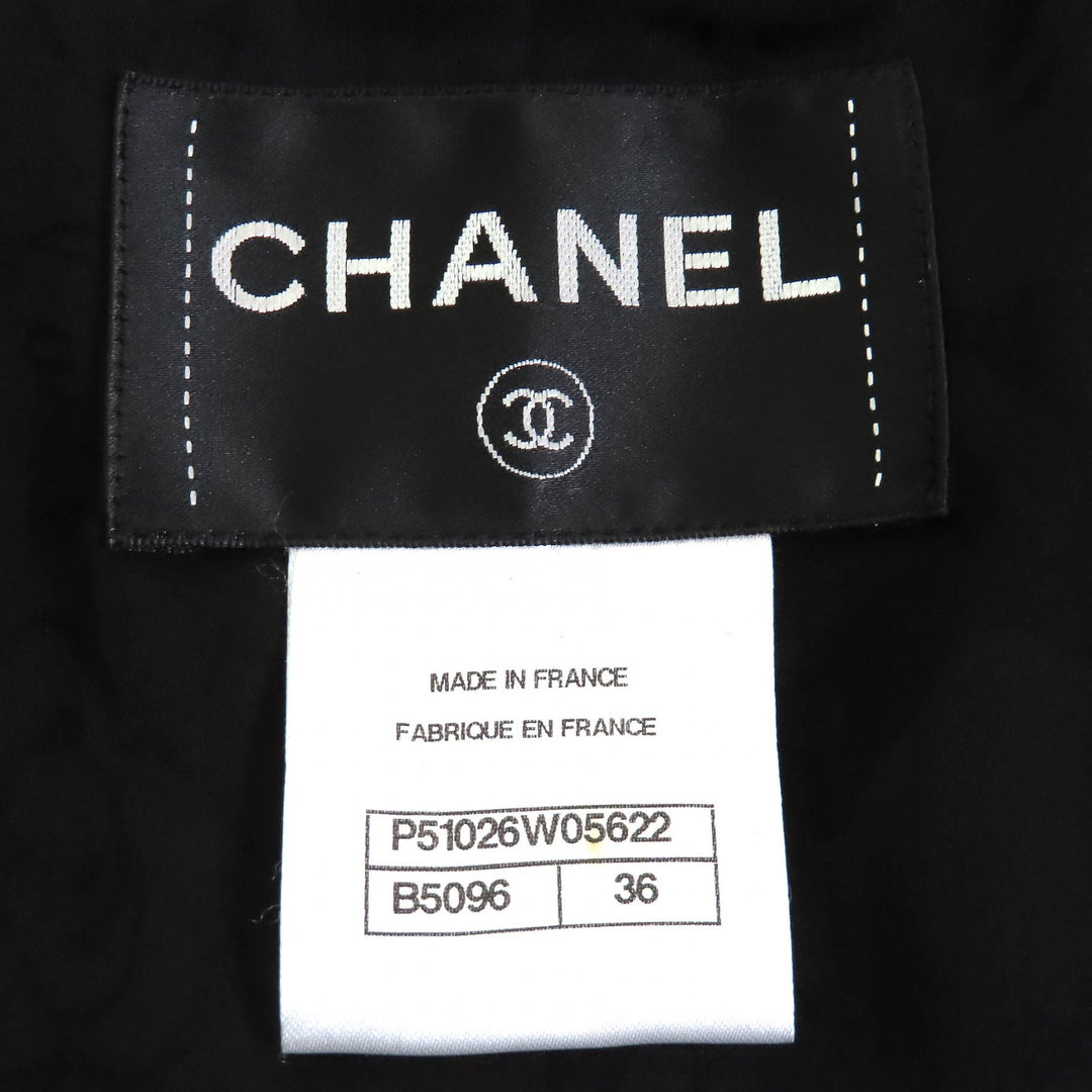 極美品△CHANEL シャネル P51026/P51112 ココボタン レース使い コットンツイード ノーカラージャケット スカート セットアップ 黒 36/38