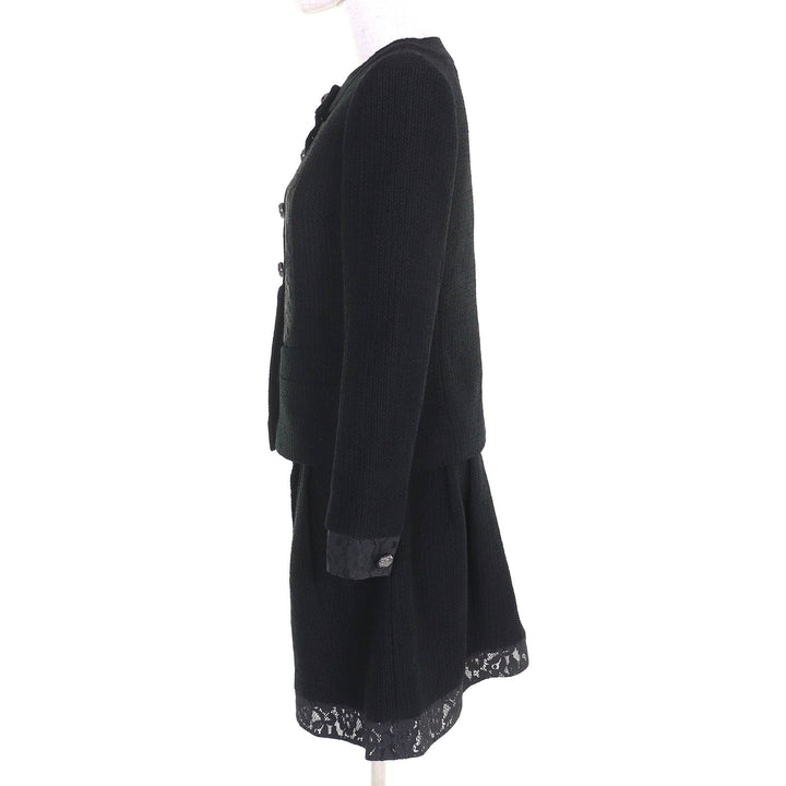 極美品△CHANEL シャネル P51026/P51112 ココボタン レース使い コットンツイード ノーカラージャケット スカート セットアップ 黒 36/38