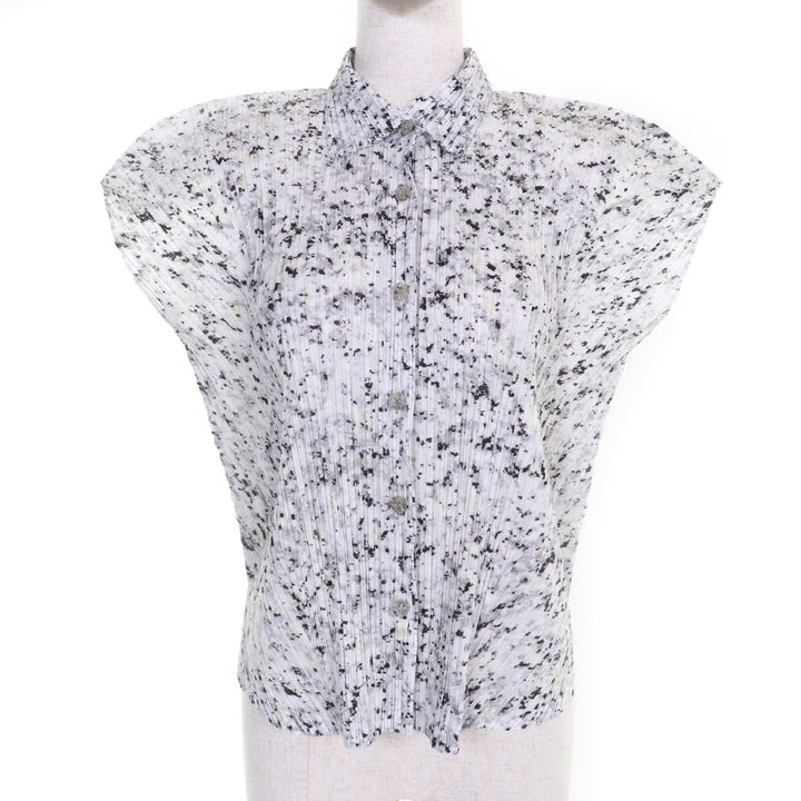 極美品★PLEATS PLEASE プリーツプリーズ イッセイミヤケ PP71-JJ203 総柄 プリーツ フレンチスリーブ シャツ ブラウス 白 黒 3 正規品