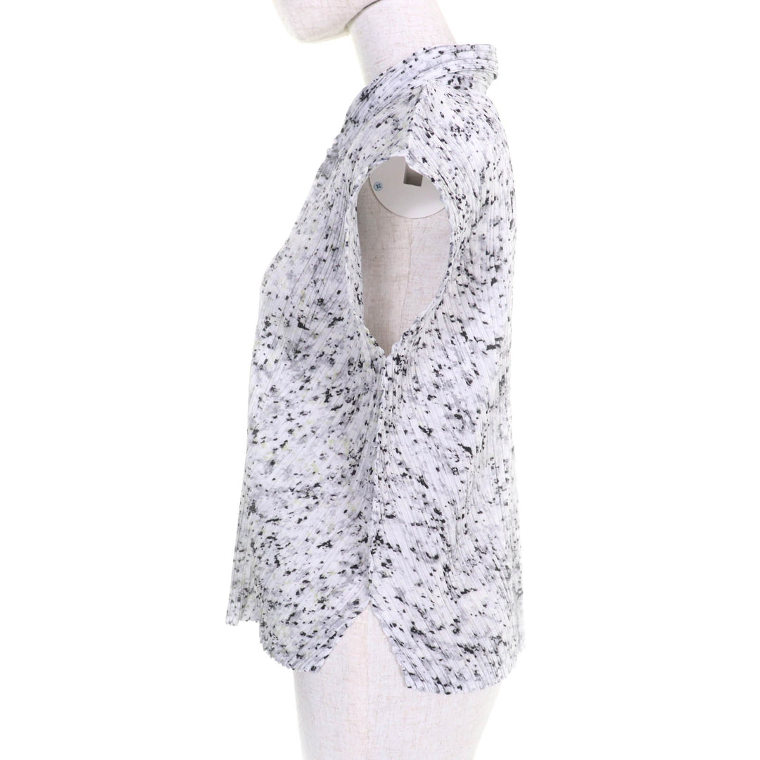 極美品★PLEATS PLEASE プリーツプリーズ イッセイミヤケ PP71-JJ203 総柄 プリーツ フレンチスリーブ シャツ ブラウス 白 黒 3 正規品