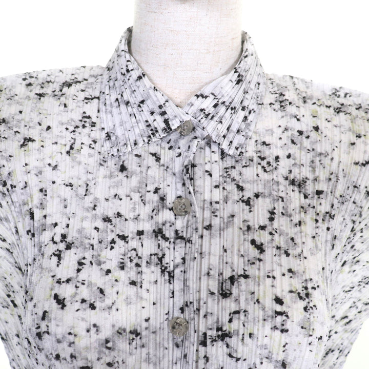 極美品★PLEATS PLEASE プリーツプリーズ イッセイミヤケ PP71-JJ203 総柄 プリーツ フレンチスリーブ シャツ ブラウス 白 黒 3 正規品
