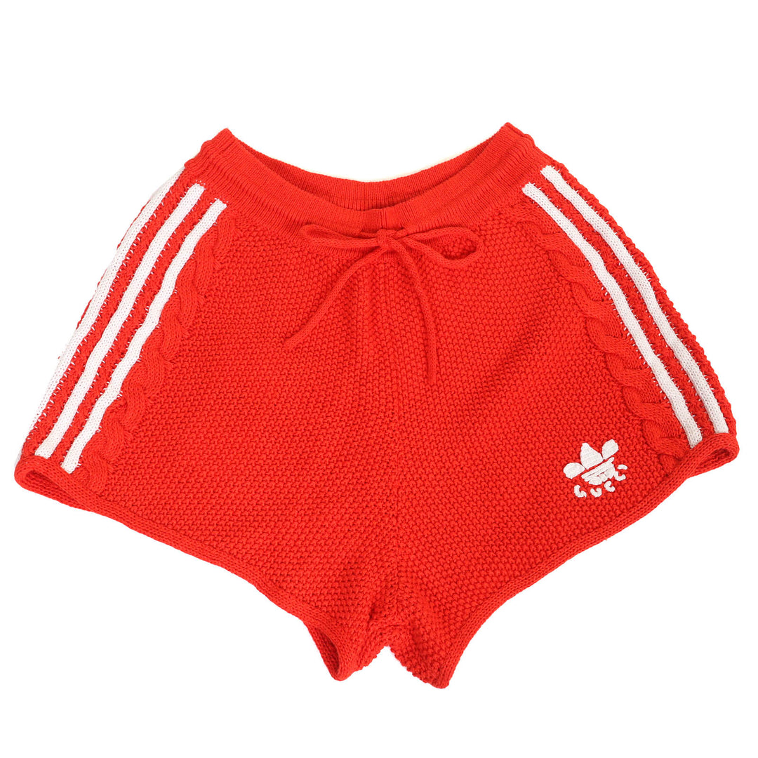 未使用品△GUCCI×adidas グッチ×アディダス 693835 リネン コットン トレフォイル刺繍入り ニット ショートパンツ レッド L 伊製 正規品