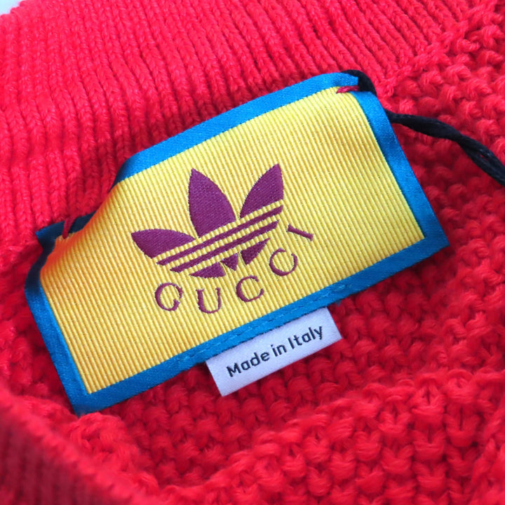 未使用品△GUCCI×adidas グッチ×アディダス 693835 リネン コットン トレフォイル刺繍入り ニット ショートパンツ レッド L 伊製 正規品