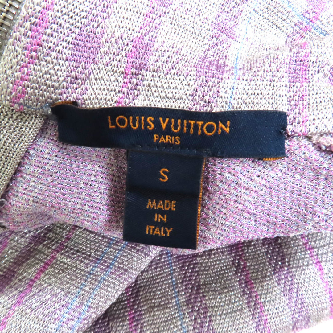 極美品★LOUIS VUITTON ルイヴィトン FHKL56SNW シルク混 レザーロゴパッチ付 ラメ入り チェック柄 ハイネック ニット マルチ S 正規品