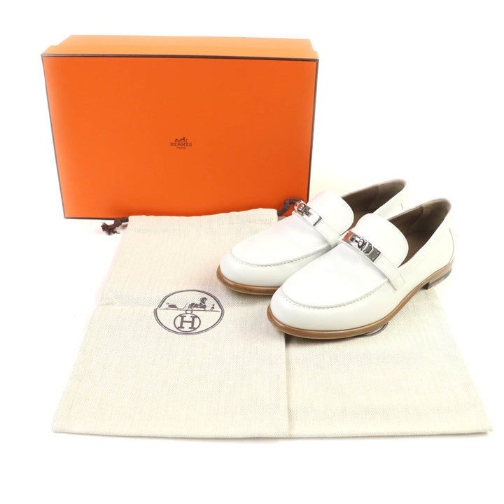 極美品★HERMES エルメス モカシン デスタン シルバー金具 ケリーバックル付 レザー ローファー ホワイト 36.5 箱・保存袋付 イタリア製