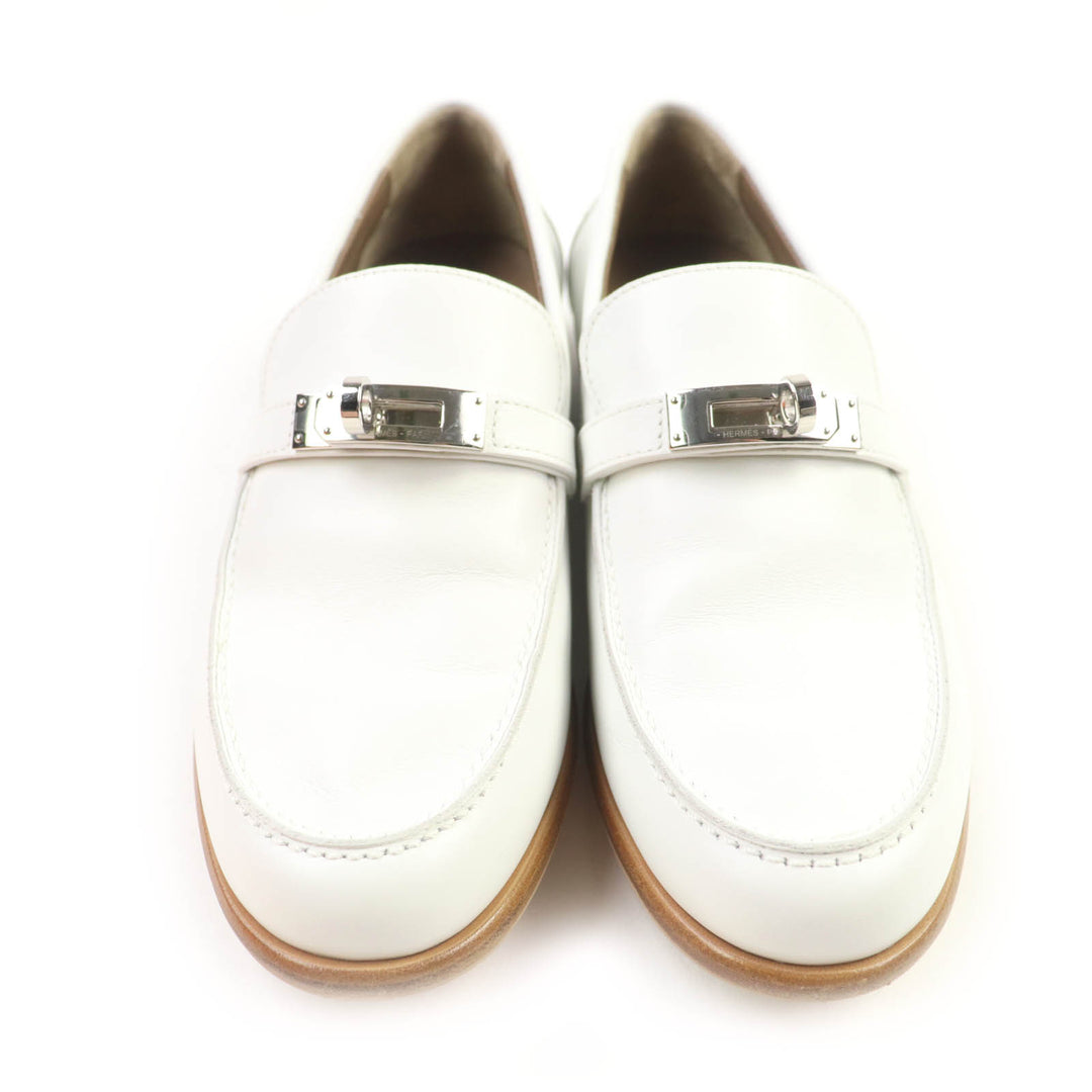 極美品★HERMES エルメス モカシン デスタン シルバー金具 ケリーバックル付 レザー ローファー ホワイト 36.5 箱・保存袋付 イタリア製