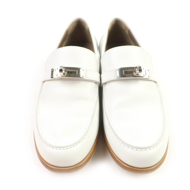 極美品★HERMES エルメス モカシン デスタン シルバー金具 ケリーバックル付 レザー ローファー ホワイト 36.5 箱・保存袋付 イタリア製