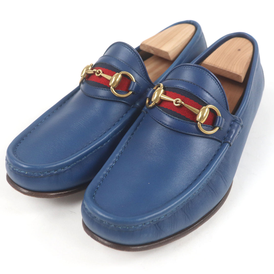 美品□GUCCI グッチ 1953 レザー ウェブライン ホースビット ゴールド金具 ローファー フラットシューズ モカシン ブルー 6 イタリア製