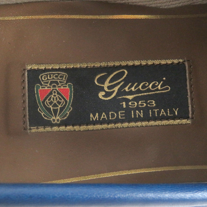 美品□GUCCI グッチ 1953 レザー ウェブライン ホースビット ゴールド金具 ローファー フラットシューズ モカシン ブルー 6 イタリア製
