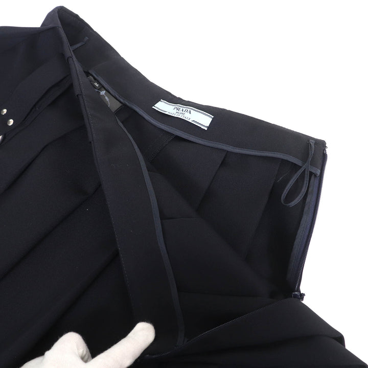 極美品△PRADA プラダ 2024年製 P185Y ペチコート付き メタルリング ウールギャバジン ミニ プリーツスカート ネイビー 36 定価335500円