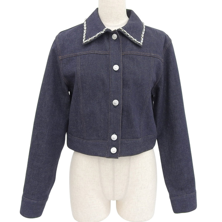 極美品▲FOXEY フォクシー 2024年製 44222 Winston Jacket コットン 襟ビジュー付 デニムジャケット インディゴブルー 38 日本製 正規品