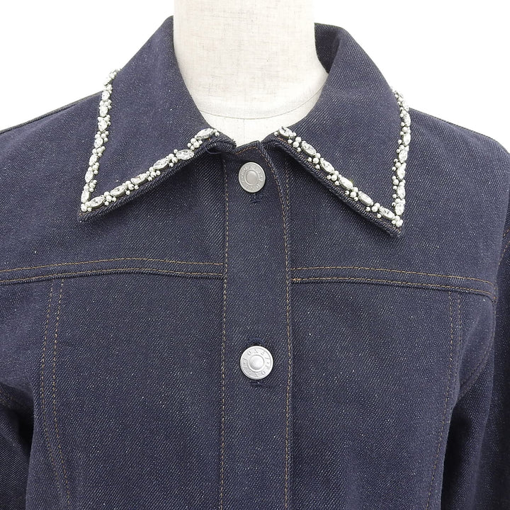 極美品▲FOXEY フォクシー 2024年製 44222 Winston Jacket コットン 襟ビジュー付 デニムジャケット インディゴブルー 38 日本製 正規品