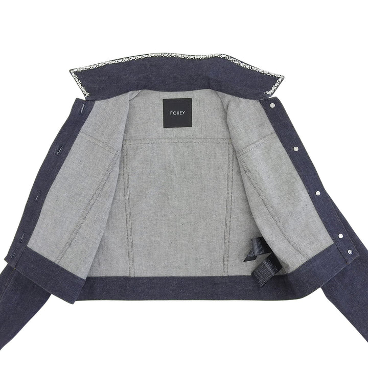 極美品▲FOXEY フォクシー 2024年製 44222 Winston Jacket コットン 襟ビジュー付 デニムジャケット インディゴブルー 38 日本製 正規品
