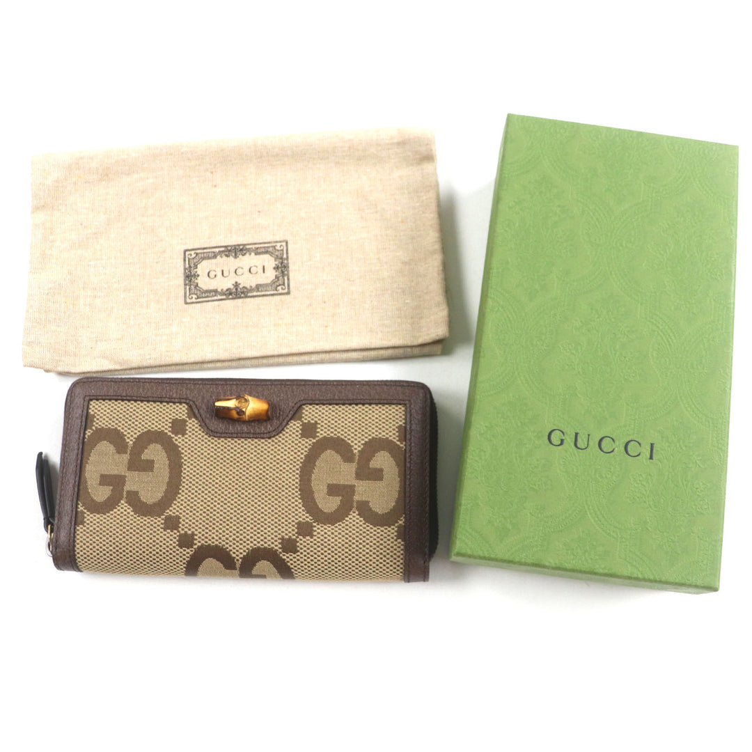 極美品▼GUCCI グッチ 658634 バンブー ジャンボ GG レザー使い ラウンドファスナー ロングウォレット 長財布 ベージュ ブラウン 箱付き