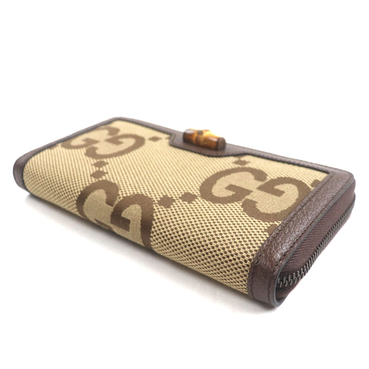 極美品▼GUCCI グッチ 658634 バンブー ジャンボ GG レザー使い ラウンドファスナー ロングウォレット 長財布 ベージュ ブラウン 箱付き