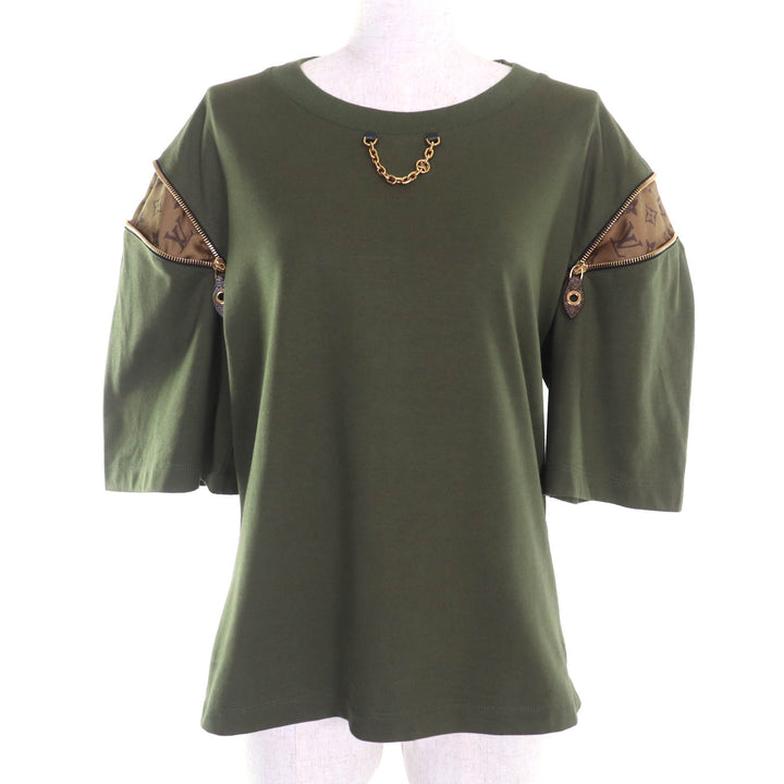極美品★LOUIS VUITTON ルイヴィトン 23AW コットン100％ モノグラム チェーン装飾 ZIPデザイン 半袖Ｔシャツ カーキ XL　伊製 正規品