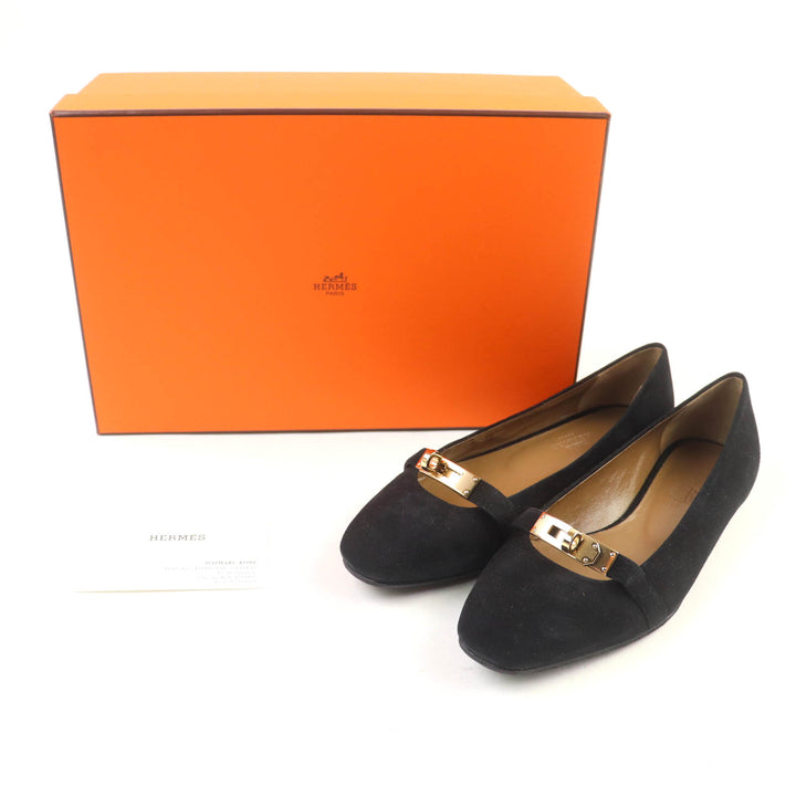 極美品★HERMES エルメス ビルバオ ゴールド金具 ケリーバックル スクエアトゥ スウェードレザー フラット パンプス ブラック 35.5 箱付