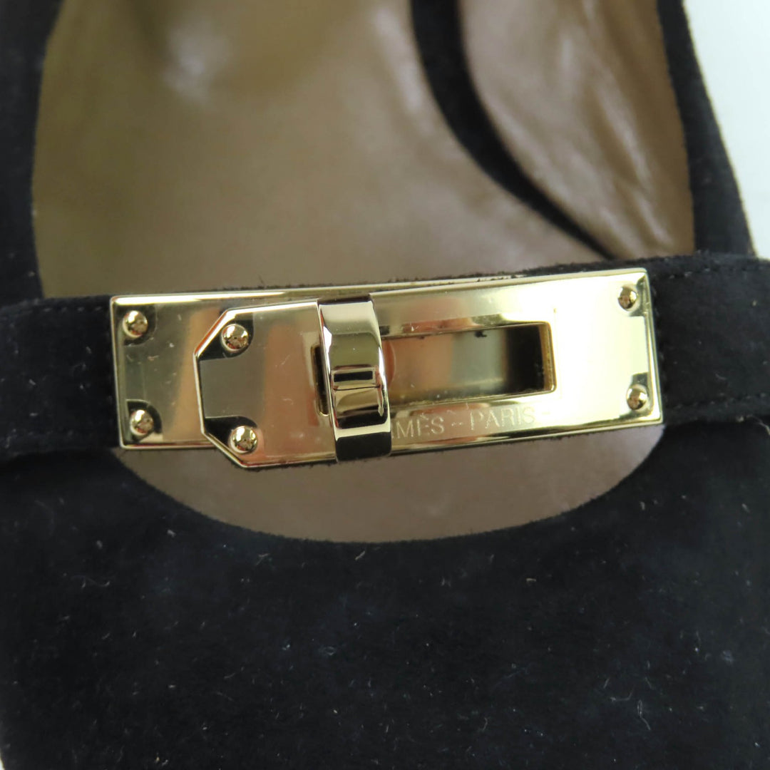 極美品★HERMES エルメス ビルバオ ゴールド金具 ケリーバックル スクエアトゥ スウェードレザー フラット パンプス ブラック 35.5 箱付