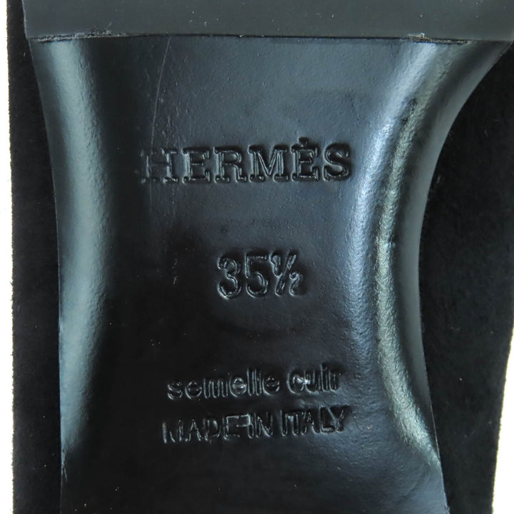 極美品★HERMES エルメス ビルバオ ゴールド金具 ケリーバックル スクエアトゥ スウェードレザー フラット パンプス ブラック 35.5 箱付
