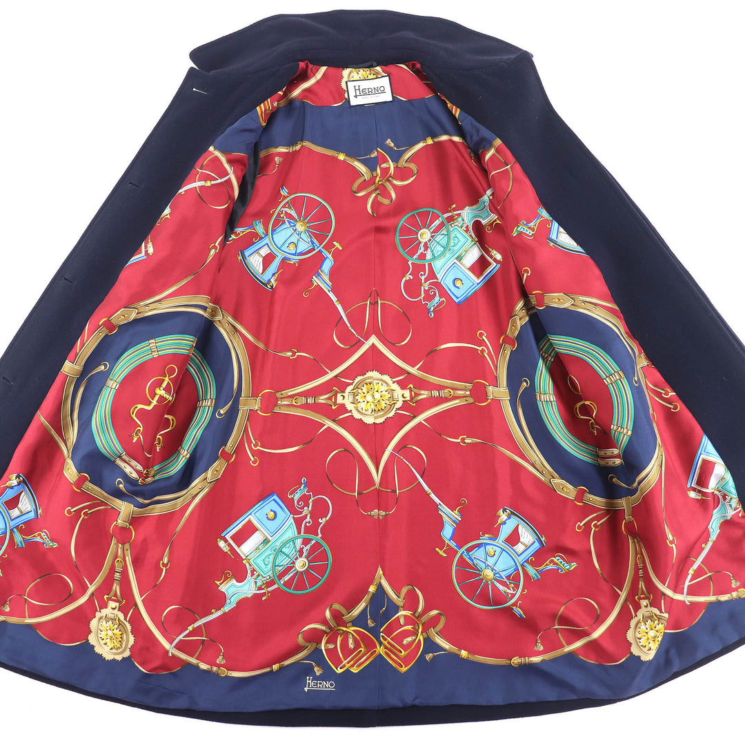 美品△Herno ヘルノ ウール カシミヤ 裏地シルク100％・スカーフ柄 シングル ロング コート ネイビー 40 イタリア製 レディース