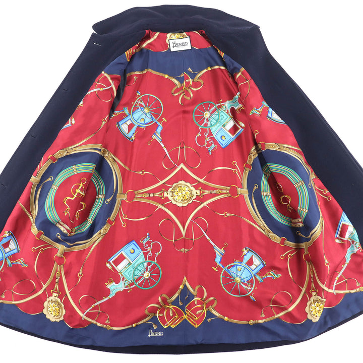 美品△Herno ヘルノ ウール カシミヤ 裏地シルク100％・スカーフ柄 シングル ロング コート ネイビー 40 イタリア製 レディース