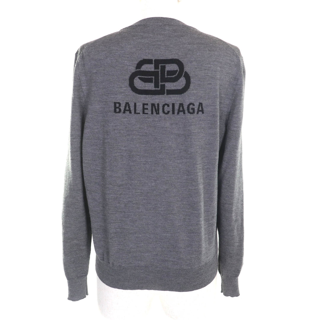 美品★BALENCIAGA バレンシアガ ウール100％ バックロゴ クルーネック 長袖 ニット セーター グレー XS イタリア製 正規品 レディース