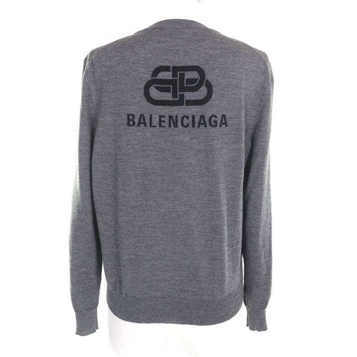 美品★BALENCIAGA バレンシアガ ウール100％ バックロゴ クルーネック 長袖 ニット セーター グレー XS イタリア製 正規品 レディース