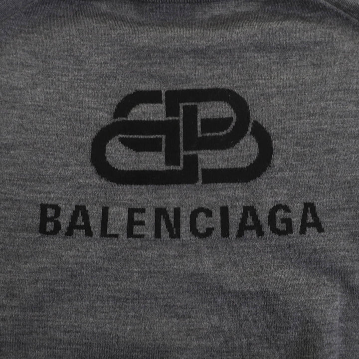 美品★BALENCIAGA バレンシアガ ウール100％ バックロゴ クルーネック 長袖 ニット セーター グレー XS イタリア製 正規品 レディース