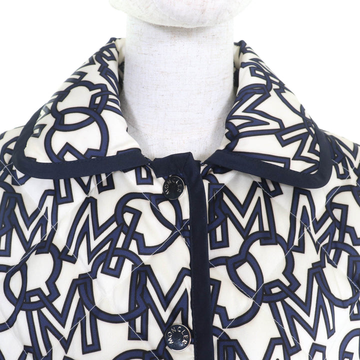 極美品★MONCLER モンクレール AIN ロゴ総柄 ロゴワッペン付 キルティング ダウンジャケット アイボリー ネイビー 0 伊製 レディース