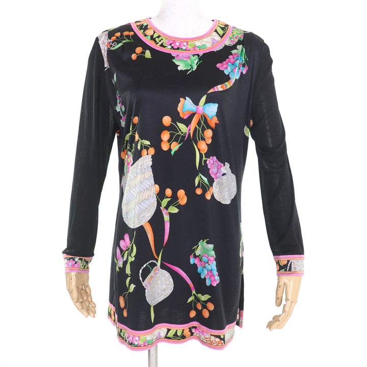 美品★LEONARD FASHION レオナール ファッション コットン100％ 花柄 袖シースルー切替 ワンピース チュニック ブラック L 日本製