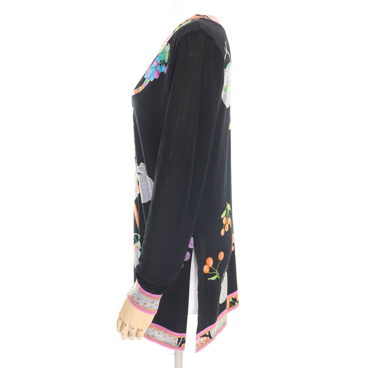 美品★LEONARD FASHION レオナール ファッション コットン100％ 花柄 袖シースルー切替 ワンピース チュニック ブラック L 日本製