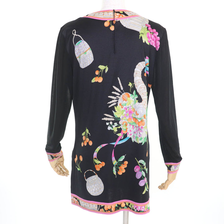美品★LEONARD FASHION レオナール ファッション コットン100％ 花柄 袖シースルー切替 ワンピース チュニック ブラック L 日本製