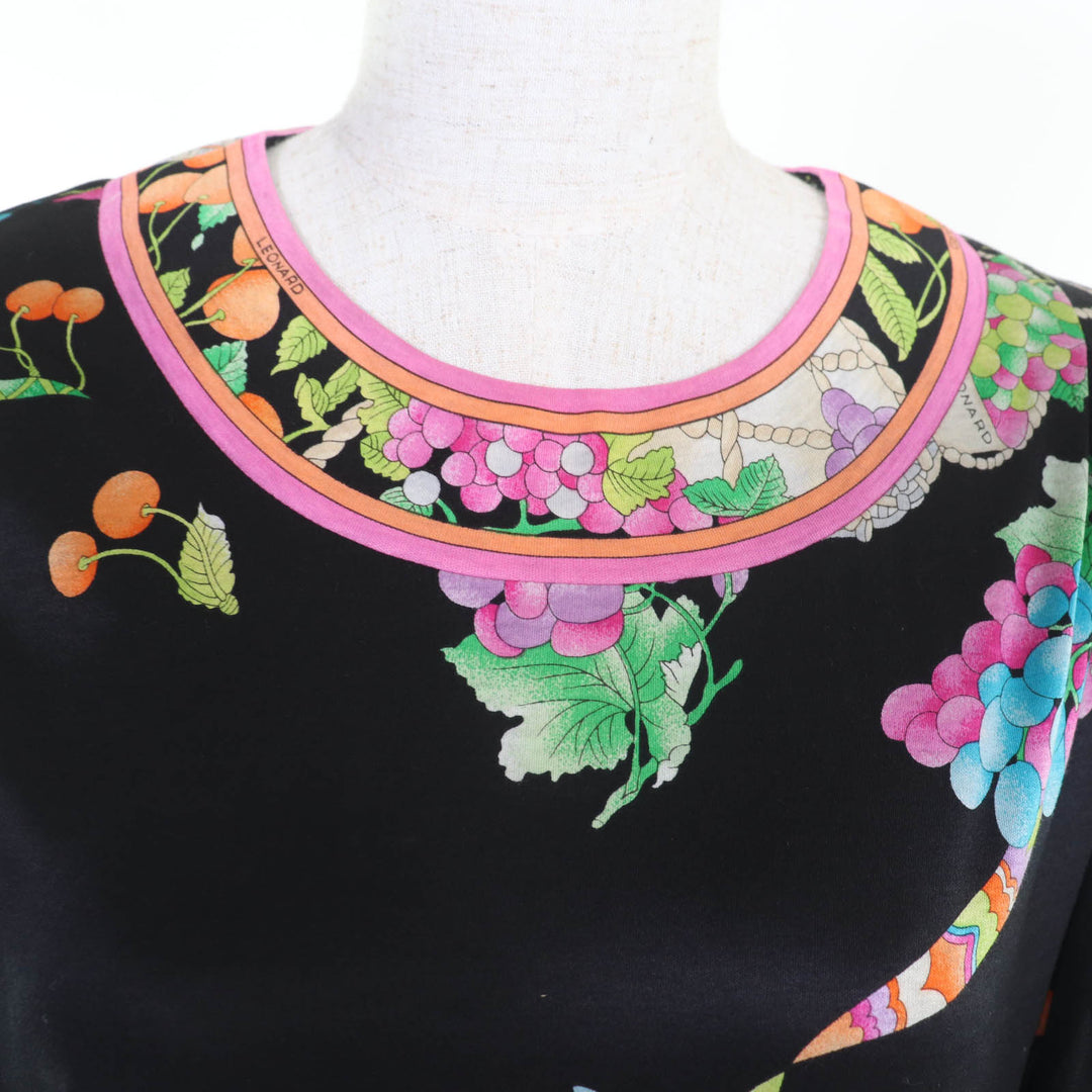美品★LEONARD FASHION レオナール ファッション コットン100％ 花柄 袖シースルー切替 ワンピース チュニック ブラック L 日本製