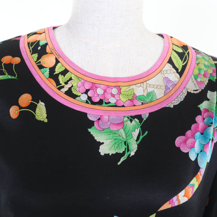 美品★LEONARD FASHION レオナール ファッション コットン100％ 花柄 袖シースルー切替 ワンピース チュニック ブラック L 日本製