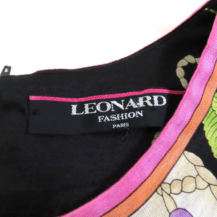美品★LEONARD FASHION レオナール ファッション コットン100％ 花柄 袖シースルー切替 ワンピース チュニック ブラック L 日本製