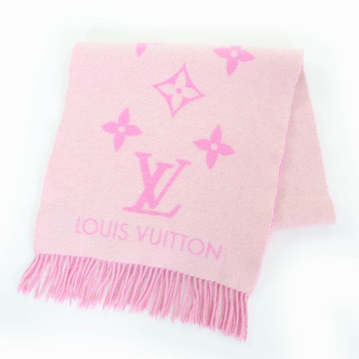 美品★LOUIS VUITTON ルイヴィトン M76066 エシャルプ・レイキャビック カシミヤ100％ LVロゴフリンジ付 ストール マフラー ピンク