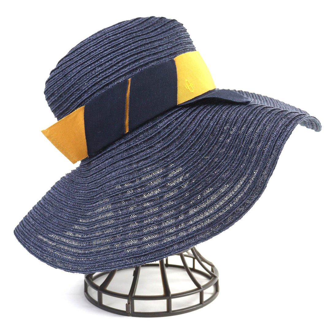 極美品△HERMES エルメス ヘンプ100％ Hロゴ刺繍 リボン ストローハット 麦わら帽子 ネイビー イエロー系 56 イタリア製 正規品