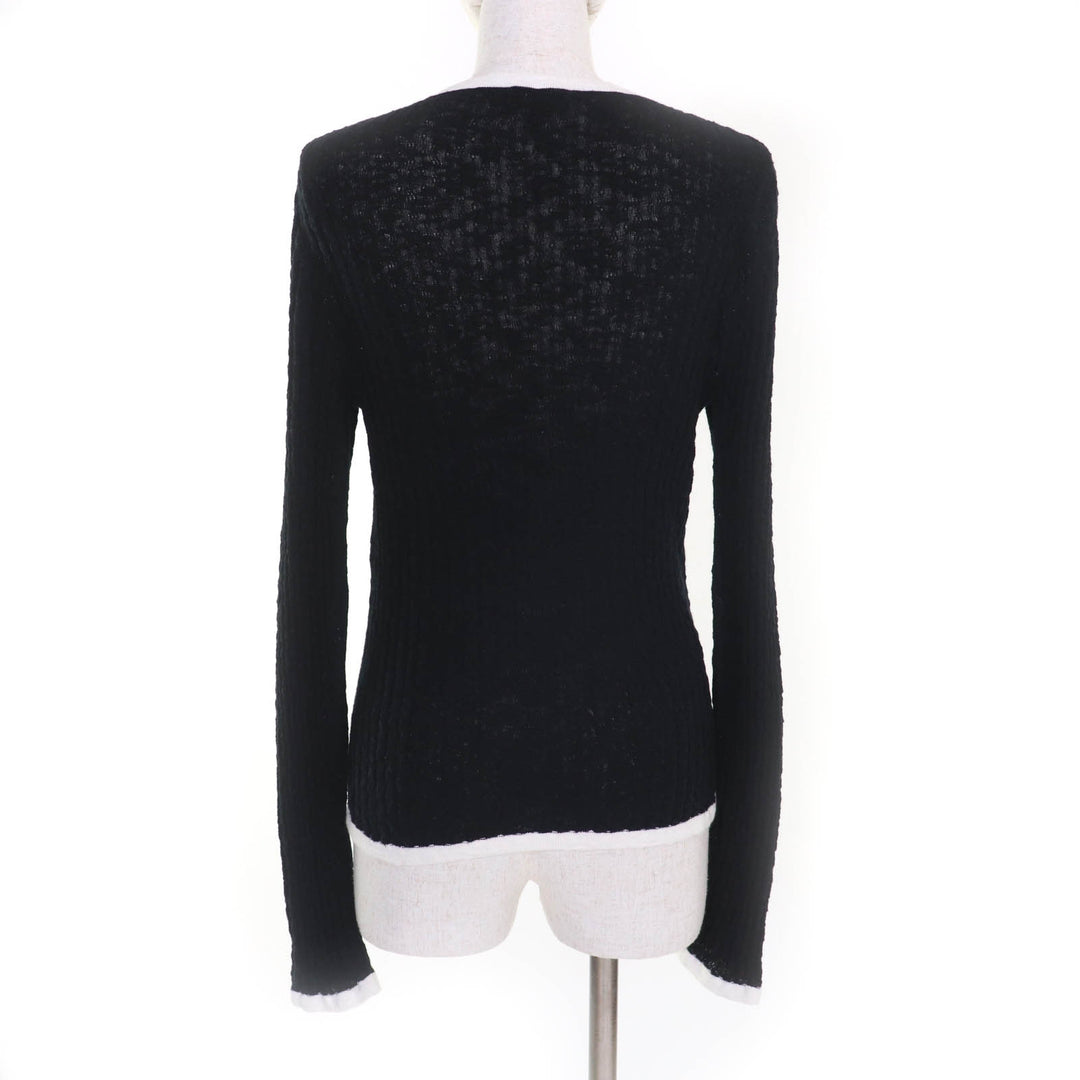 美品★CHANEL シャネル P72076 コットン100％ ココマークプレート付 クルーネック 長袖 リブニット ブラック ホワイト 38 伊製 正規品