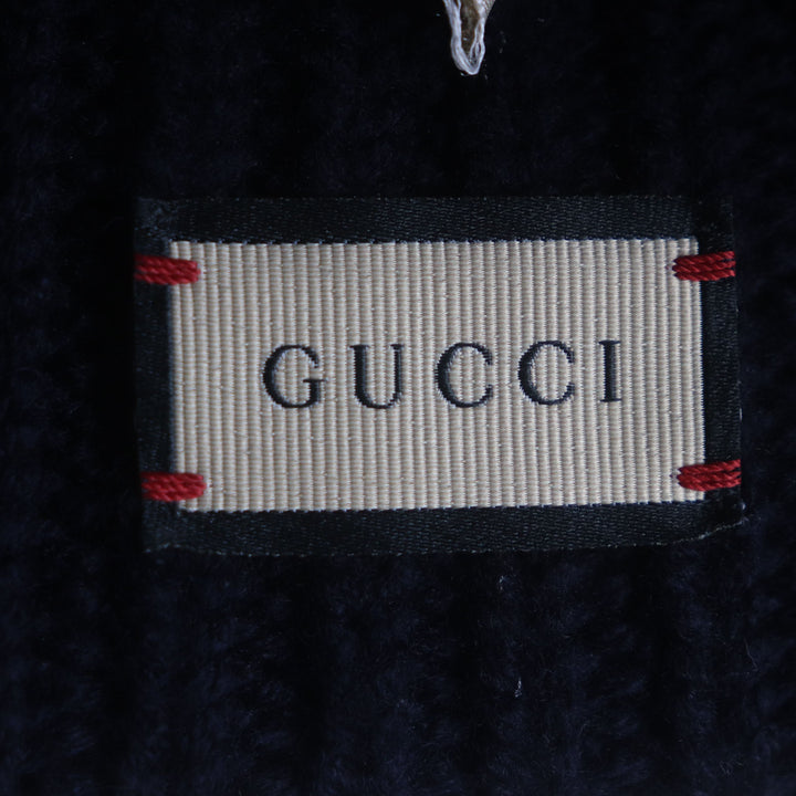 美品▼GUCCI グッチ 759059 ウール75% ロゴワッペン付き 帽子 ケーブルニットキャップ ネイビー M (58cm) イタリア製 正規品 メンズ