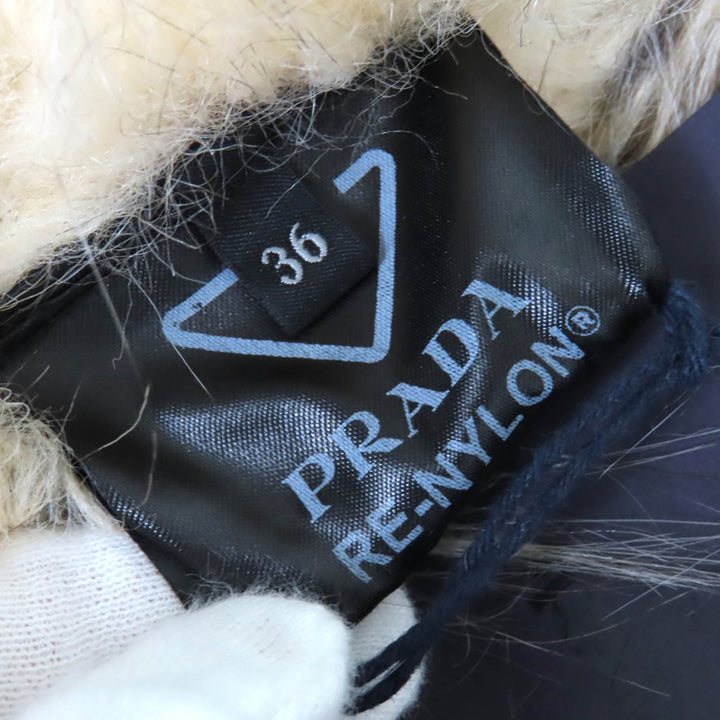 未使用品△PRADA プラダ 2021年製 29Y995 トライアングルロゴポーチ付 エコファー・フード付 RE-NYLON ロング コート ネイビー 36 正規品