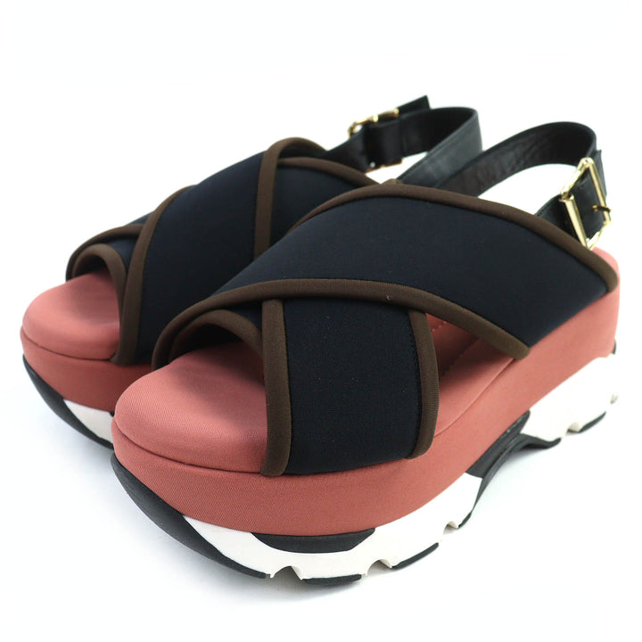 極美品△MARNI マルニ SAMA002708 レザー使い クロスストラップ 厚底 サンダル ブラック ピンク 37 保存袋付き イタリア製 レディース