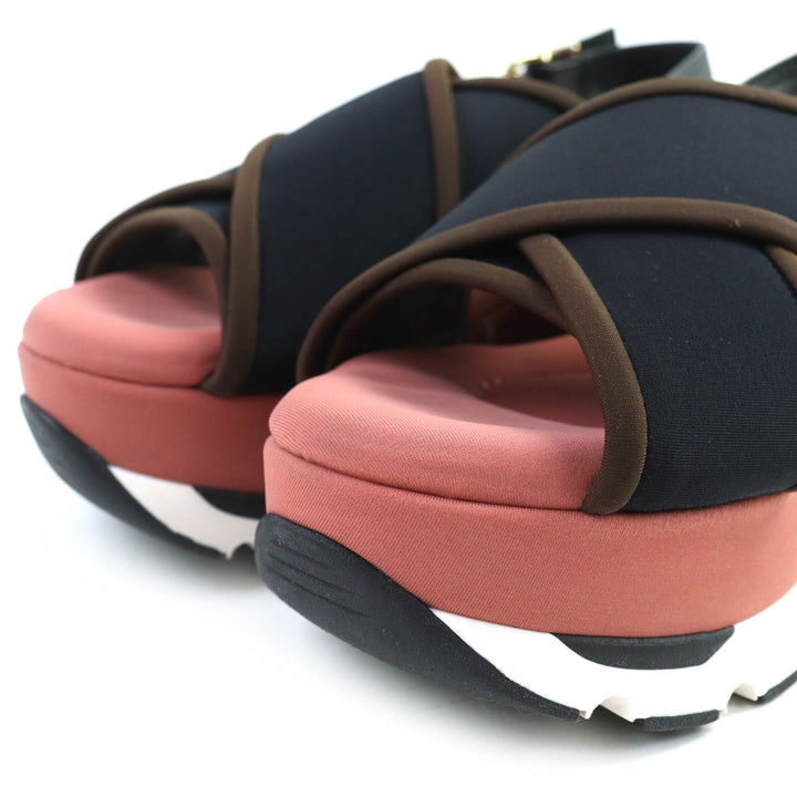 極美品△MARNI マルニ SAMA002708 レザー使い クロスストラップ 厚底 サンダル ブラック ピンク 37 保存袋付き イタリア製 レディース