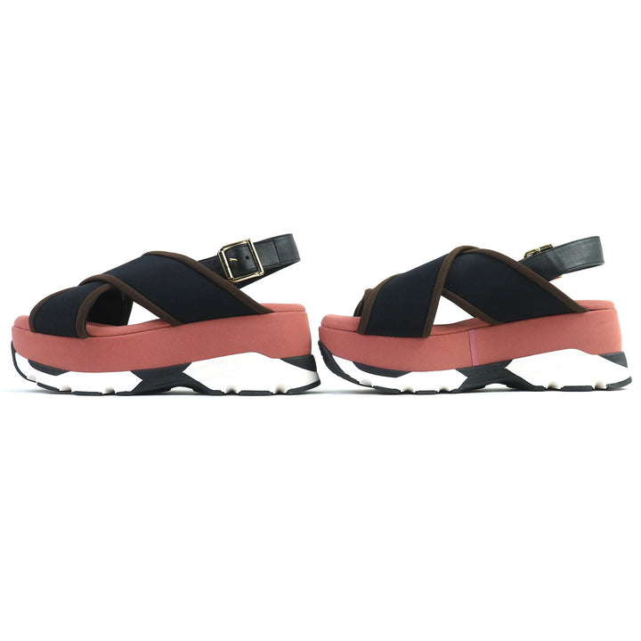 極美品△MARNI マルニ SAMA002708 レザー使い クロスストラップ 厚底 サンダル ブラック ピンク 37 保存袋付き イタリア製 レディース