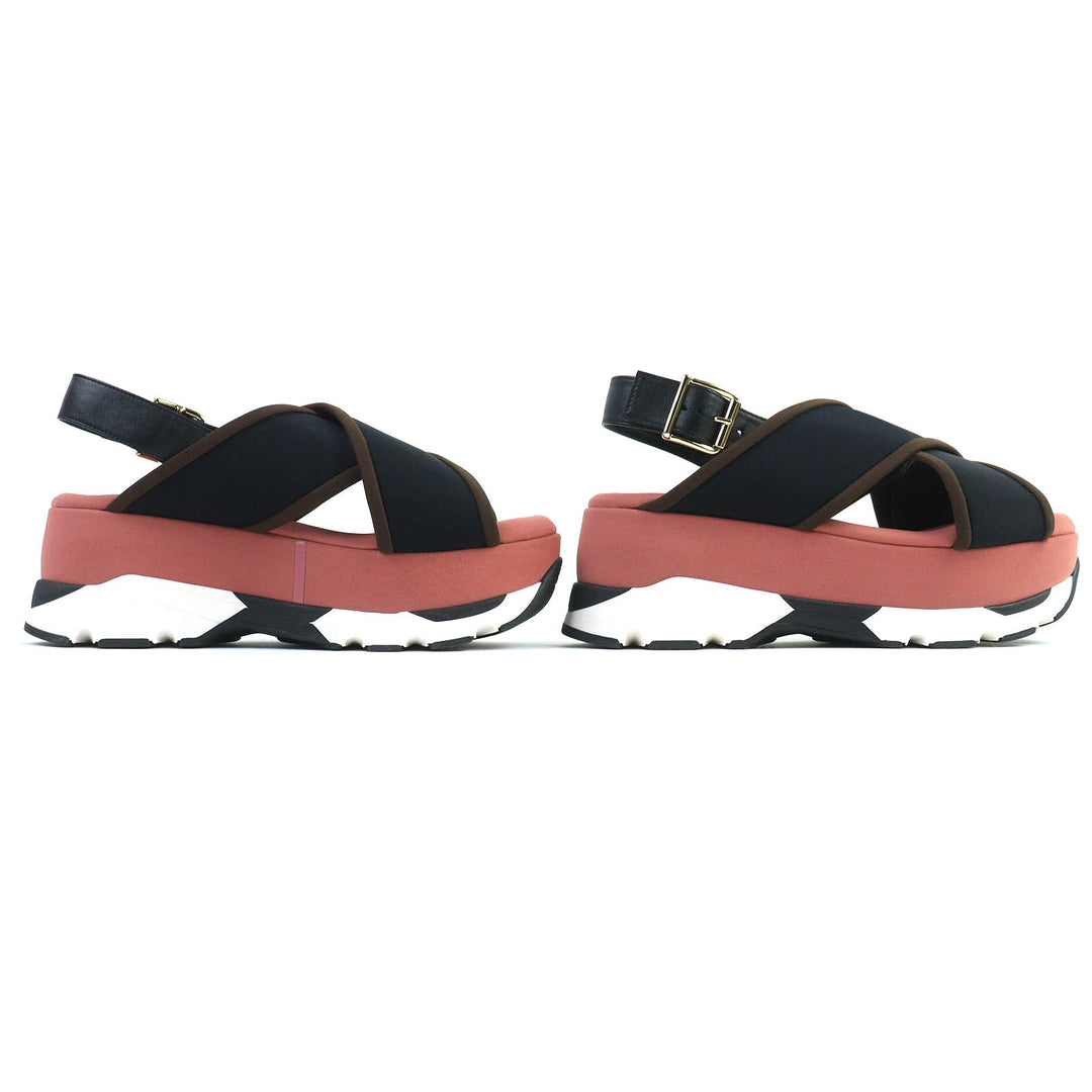 極美品△MARNI マルニ SAMA002708 レザー使い クロスストラップ 厚底 サンダル ブラック ピンク 37 保存袋付き イタリア製 レディース